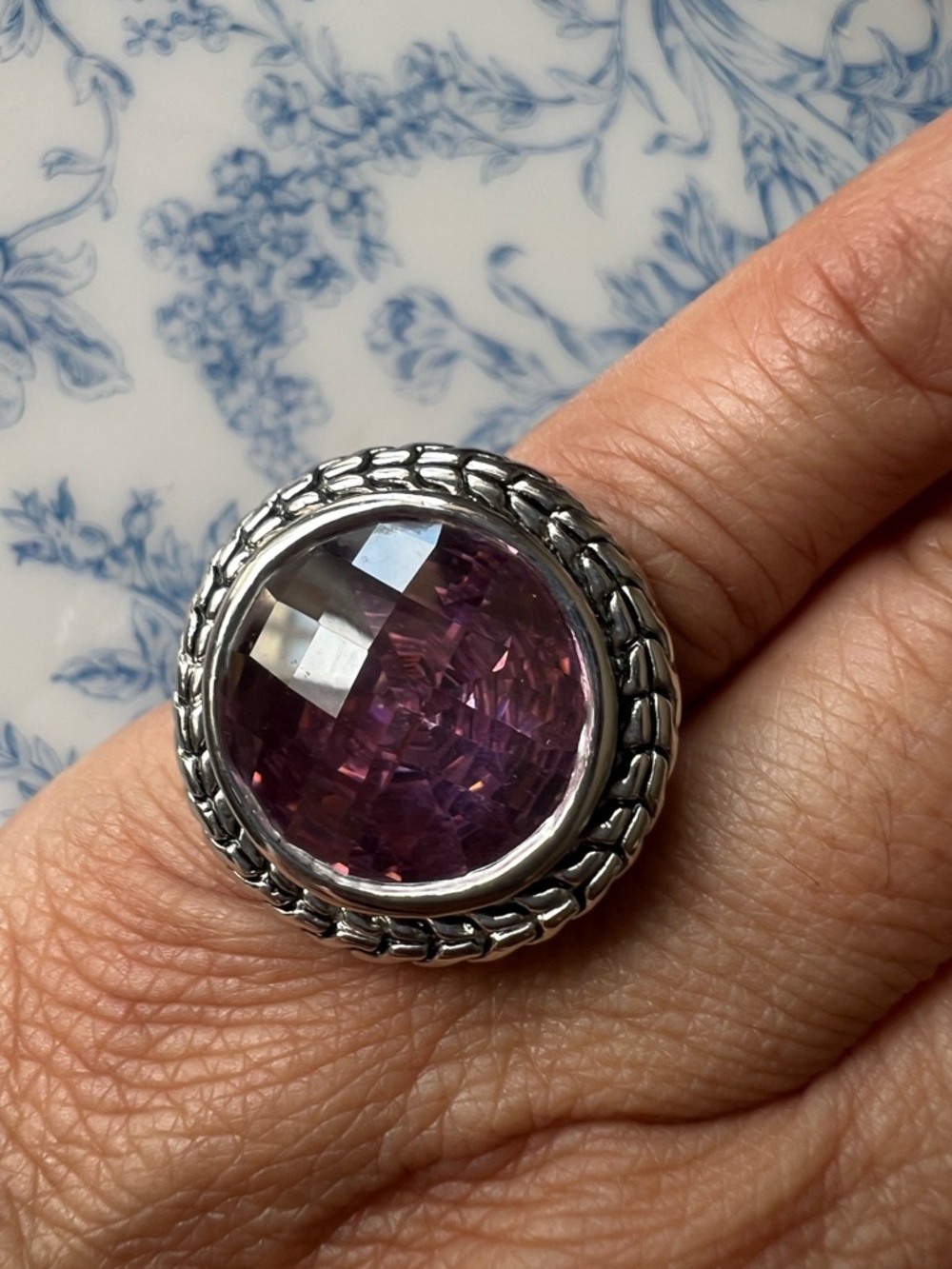 Braided Silver Tone Pink CZ Statement Ring Size 5.75 #57510